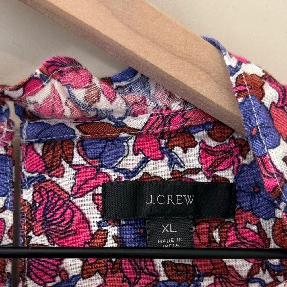 J Crew Smocked linen puff-sleeve top in berry floral size XL pink purple spring